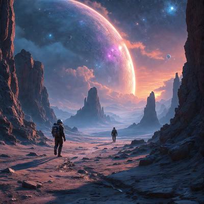 The primary subject of the image is a man walking on a rocky surface, likely a desert or a rocky planet. The setting is a barren landscape with a large, purple, glowing moon in the background. The visual style appears to be a digital art or illustration, with the man and the moon being the main focus of the image. The colors and mood of the image are dark and moody, with the purple moon adding a touch of surrealism to the scene.